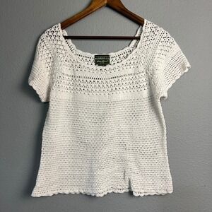 Eddie Bauer Hand Crocheted Linen Blend Top XL Ivory Cottagecore Boho Summer